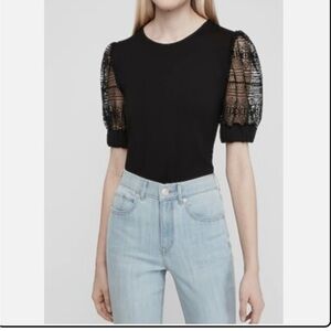 Express Black Top with Lace Puff Sleeves